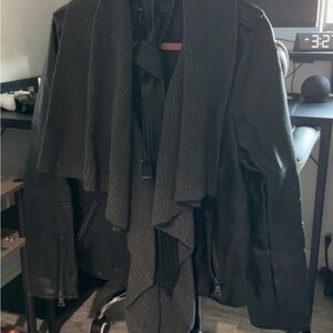 Women’s Black Leather Jacket with Gray Scarf